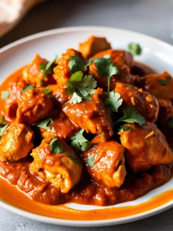a white plate is filled with tender pieces of chicken tikka masala, coated in a rich, vibrant orange sauce and garnished with fresh cilantro leaves. the dish appears flavorful and aromatic, set against a blurred background