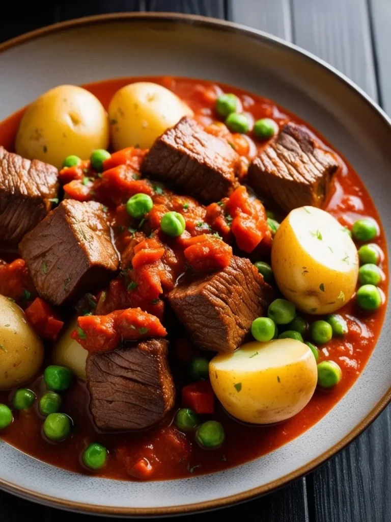 a close-up shot of tender chunks of beef, golden potatoes, and vibrant green peas simmered in a rich, reddish-brown sauce. the hearty and flavorful stew, possibly a navarin of lamb, is presented in a bowl, suggesting a comforting and traditional meal