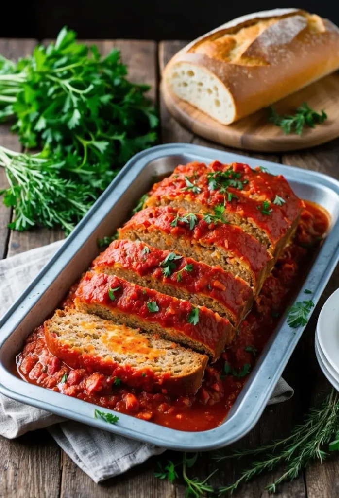 a sliced meatloaf with a rich red glaze rests on a white plate, garnished with fresh green herbs. the meatloaf has a slightly crumbly texture and appears moist. the focus is on the savory and comforting nature of the dish