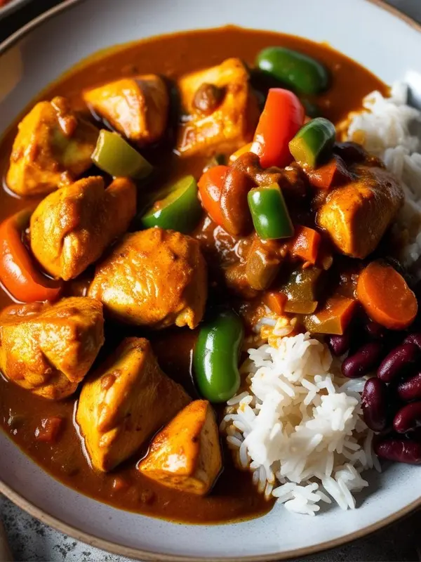 a bowl of rich, brown coconut chicken curry is served with fluffy white rice and kidney beans. chunks of tender chicken, colorful bell peppers, and sliced carrots are immersed in the creamy sauce. the dish is presented in a rustic bowl, highlighting its hearty and flavorful nature