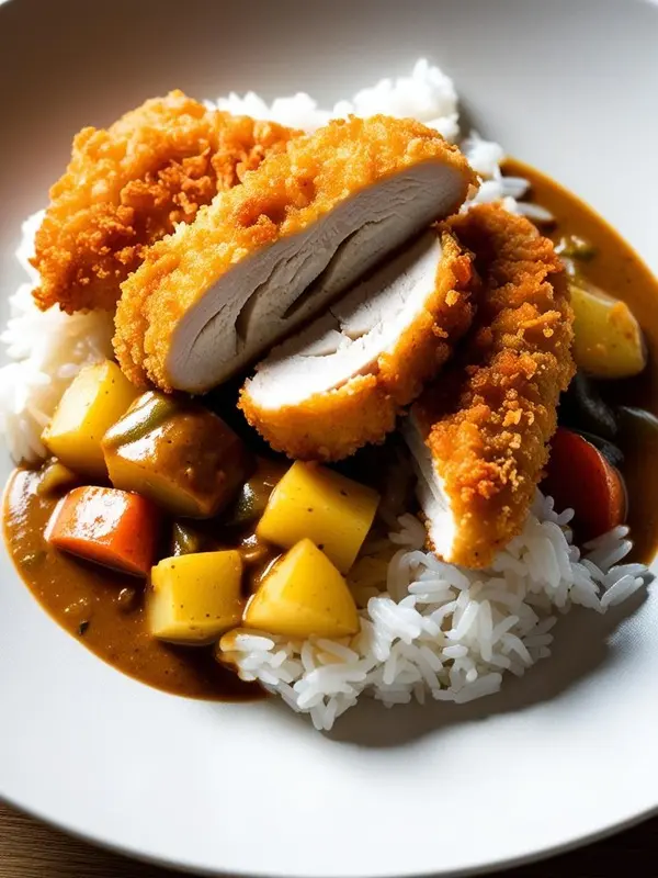 crispy, golden-brown chicken katsu, sliced to reveal the tender white meat, rests on a bed of fluffy white rice and rich brown curry. chunks of potatoes and carrots are visible within the curry sauce, creating a hearty and comforting japanese dish