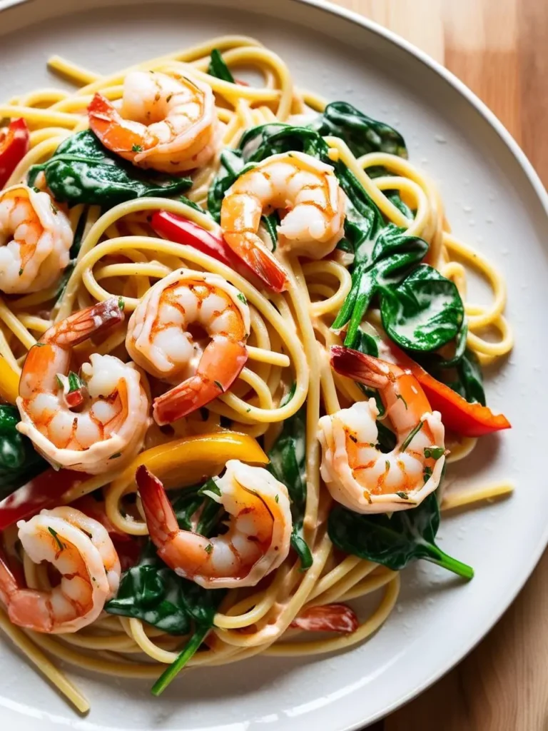 a close-up shot of pasta with shrimp and spinach on a white plate. long strands of pasta are mixed with several plump pink shrimp and wilted spinach, sprinkled with grated parmesan cheese and fresh parsley. the delicious seafood pasta dish sits on a wooden surface