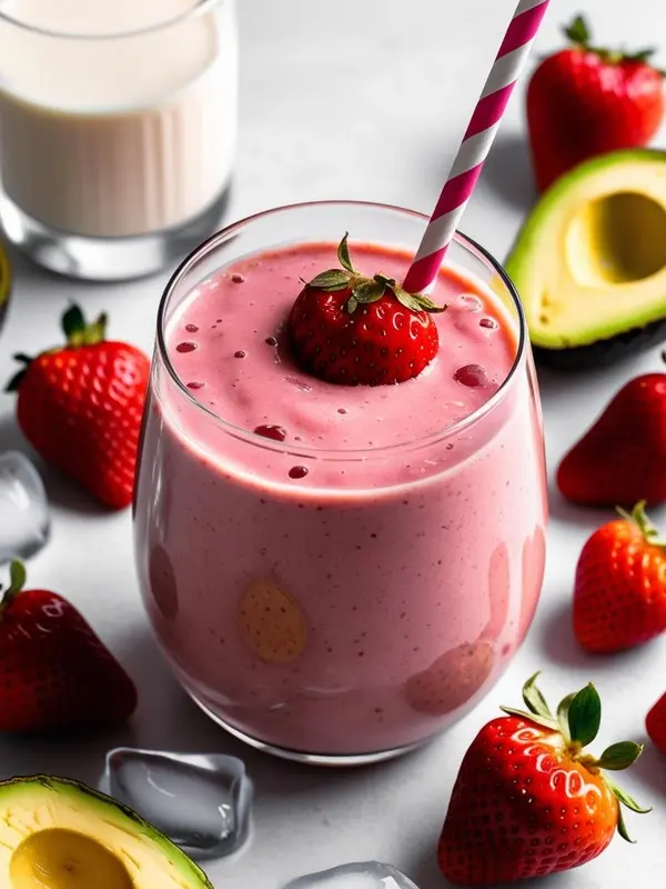 a creamy pink strawberry avocado smoothie is served in a clear glass with a red and white striped straw, topped with a fresh strawberry. the glass is surrounded by ripe strawberries, halved avocados, ice cubes, and a glass of milk on a light gray surface