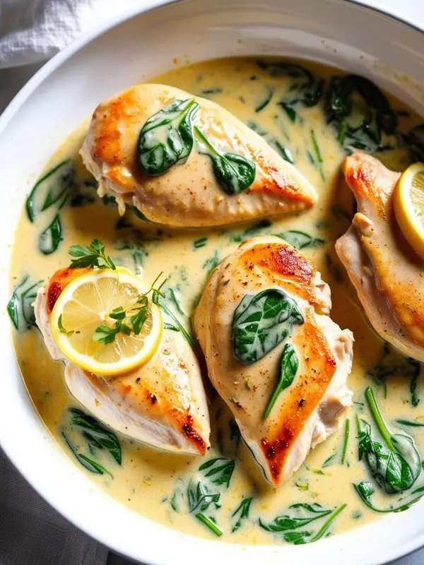 a close-up overhead shot of creamy lemon chicken with spinach in a white pan. three golden-brown chicken breasts are nestled in a vibrant green spinach and creamy yellow lemon sauce, garnished with lemon slices and parsley. the dish appears bright and flavorful