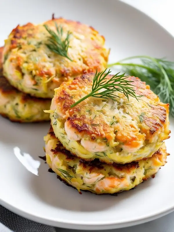 a close-up shot of three golden-brown zucchini and salmon patties stacked on a white plate, garnished with fresh dill sprigs. the patties show visible pieces of zucchini and salmon, suggesting a flavorful and healthy dish. a sprig of dill rests on the plate next to the stack