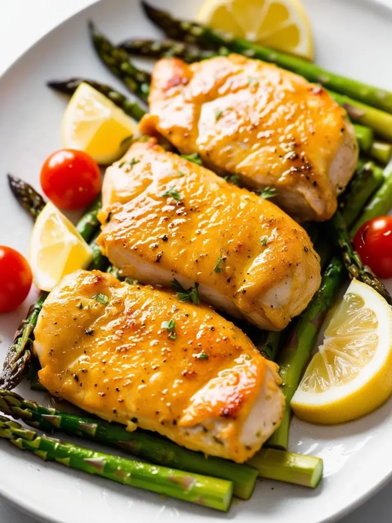 a close-up shot of honey butter lemon chicken with asparagus on a white plate. three golden-brown chicken breasts are drizzled with a glossy sauce and surrounded by vibrant green asparagus spears, halved red cherry tomatoes, and bright yellow lemon wedges. the flavorful dish sits on a light gray surface
