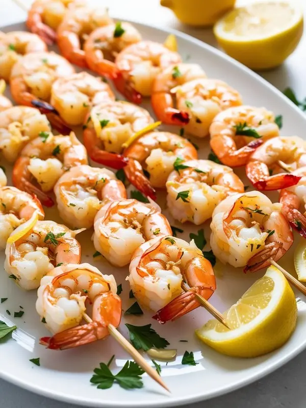 a close-up shows skewers of grilled shrimp, plump and pink, with visible grill marks. lemon wedges and fresh parsley garnish the plate. the shrimp appear tender and juicy, suggesting a flavorful and appetizing seafood dish. the focus is on the textures and colors