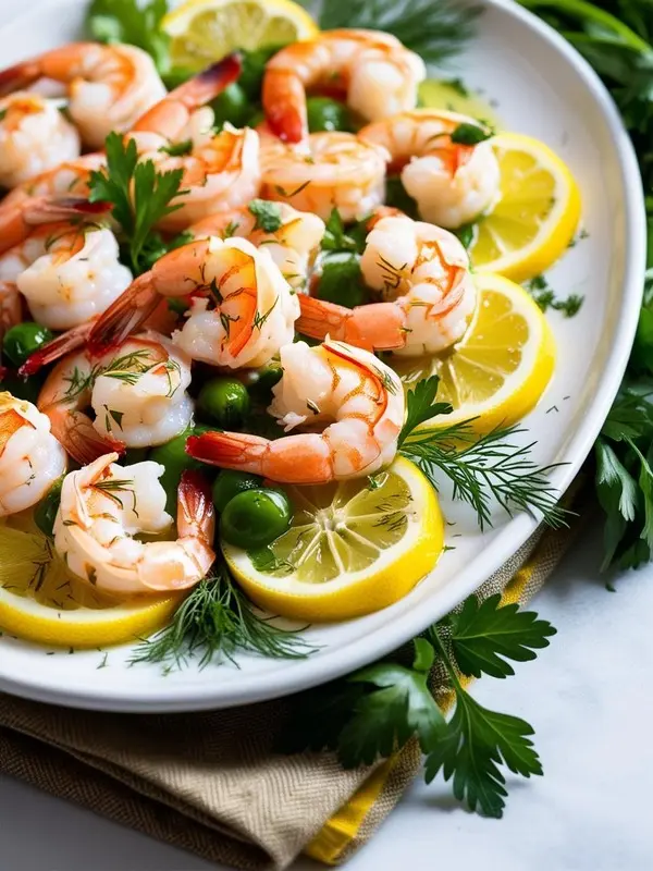 a platter of cooked shrimp is artfully arranged with bright yellow lemon slices, fresh green parsley sprigs, and delicate sprigs of dill. the pink and white shrimp are the focal point, suggesting a light and refreshing seafood appetizer or salad