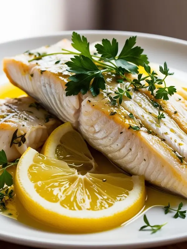 a close-up shot of baked cod with lemon and herbs on a white plate. two flaky white cod fillets are drizzled with a light sauce and garnished with fresh parsley and thyme sprigs, alongside bright yellow lemon slices. the simple and elegant dish sits on a blurred background