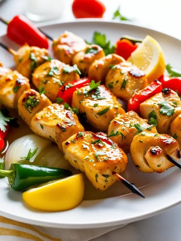 grilled chicken skewers are arranged on a white plate with red bell peppers, white onion wedges, green jalapeño peppers, and lemon wedges. fresh parsley is sprinkled over the chicken, and a light sauce glistens on the surface. the plate rests on a light gray surface