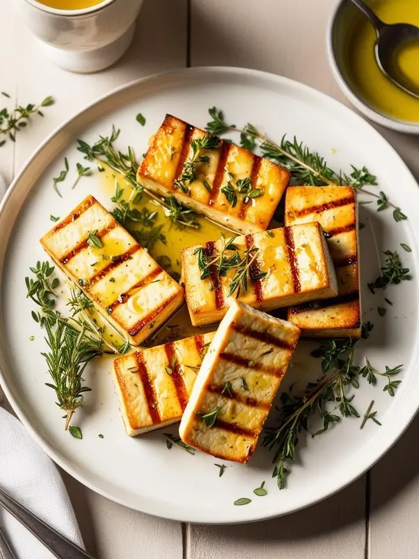 six golden-brown grilled halloumi cheese slices are arranged on a white plate, drizzled with olive oil and sprinkled with fresh thyme and rosemary sprigs. grill marks are visible on the cheese. a small bowl of olive oil and cutlery are partially visible around the plate
