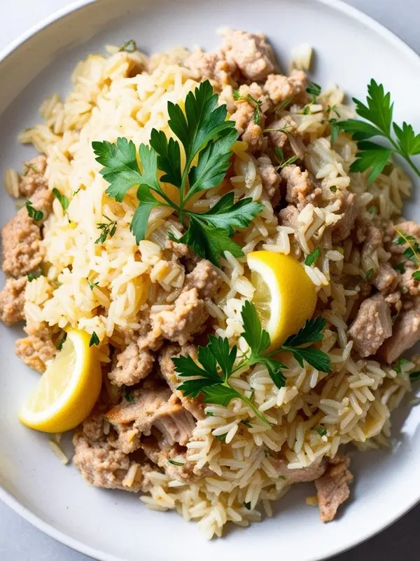 a close-up shot of lemon chicken and rice on a white plate. fluffy rice is mixed with pieces of cooked chicken, fresh parsley, and thyme, and garnished with bright yellow lemon wedges. the simple and flavorful dish is presented on a light gray surface