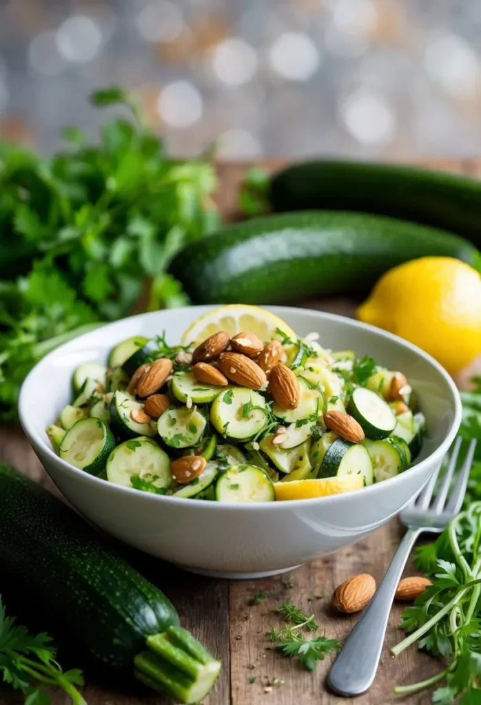 a close-up shot of a bowl of zucchini carpaccio salad. thin slices of green zucchini are tossed with toasted almonds, fresh parsley, and lemon wedges. the simple and refreshing salad is presented in a white bowl on a wooden surface, surrounded by fresh zucchini and parsley
