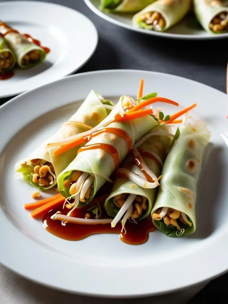four pale green spring rolls, filled with sprouts and peanuts and topped with shredded carrots and a drizzle of brown sauce, are arranged on a white plate. additional plates with similar spring rolls are visible in the blurred background