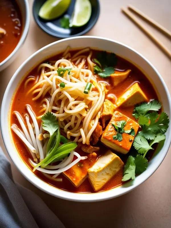 a bowl of vibrant reddish-orange vegetarian noodle soup, possibly bún bò huế chay, features tofu cubes, thin white noodles, bean sprouts, and green herbs in a rich broth. lime wedges rest on a small plate nearby, and chopsticks lie on the table, suggesting a flavorful asian meal