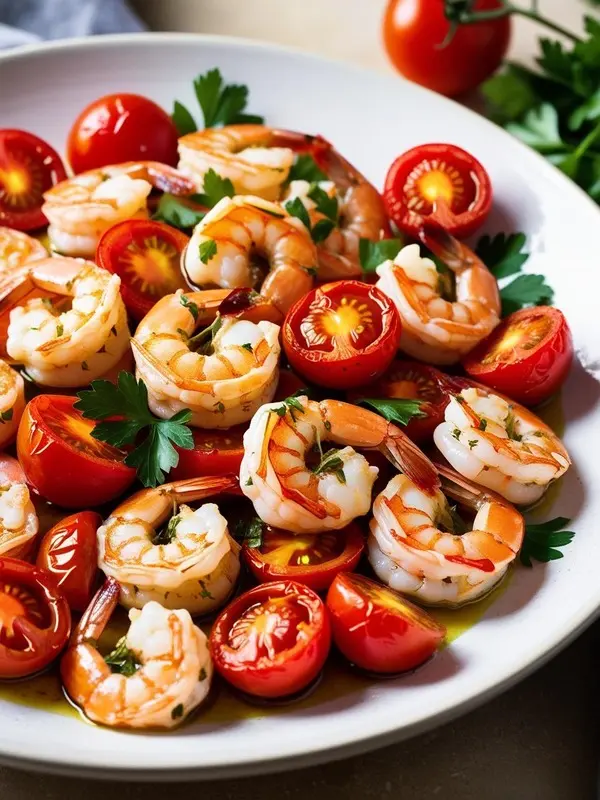 a white plate is filled with sautéed shrimp, halved red cherry tomatoes, and fresh green parsley, all glistening in a light, buttery sauce. the shrimp are pink and curled, surrounded by the vibrant colors of the tomatoes and herbs, creating an appetizing seafood dish