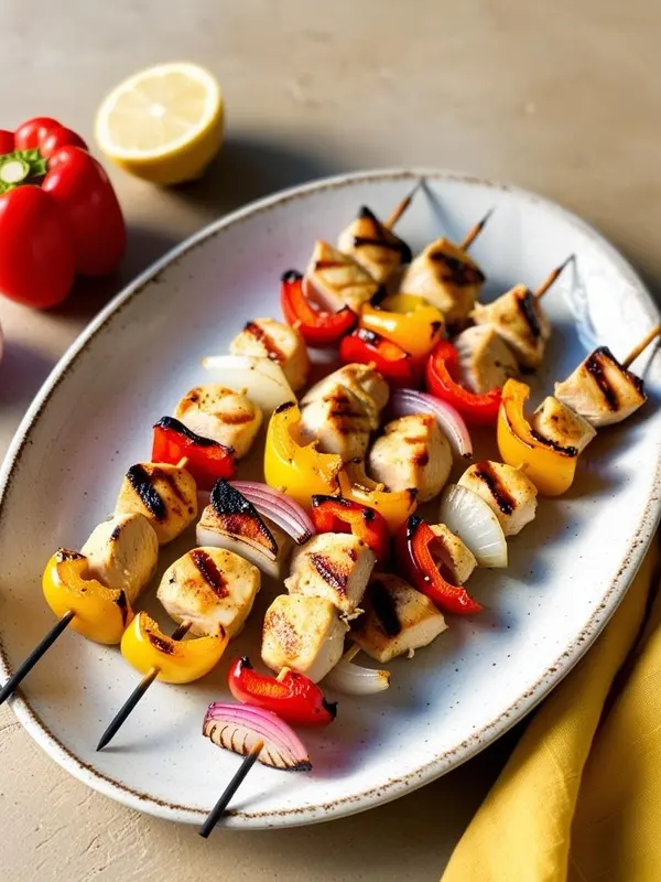grilled chicken kabobs with visible grill marks are skewered with chunks of yellow and red bell peppers and red onion. they are arranged on a speckled white platter. a red bell pepper and lemon half sit beside the platter on a beige surface with a yellow cloth