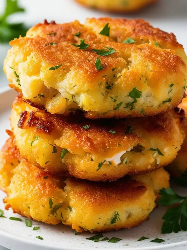 a close-up shot of three golden-brown corn fritters stacked on a white plate, garnished with fresh parsley. the fritters appear crispy on the outside and tender inside, suggesting a delicious and savory appetizer or snack