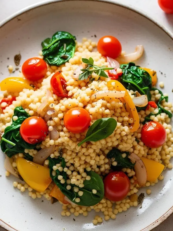 a close-up overhead shot of a colorful couscous salad on a white plate. pearl couscous is mixed with sautéed spinach, halved red and yellow cherry tomatoes, and sliced onions, seasoned with herbs. the vibrant and healthy salad is ready to be enjoyed