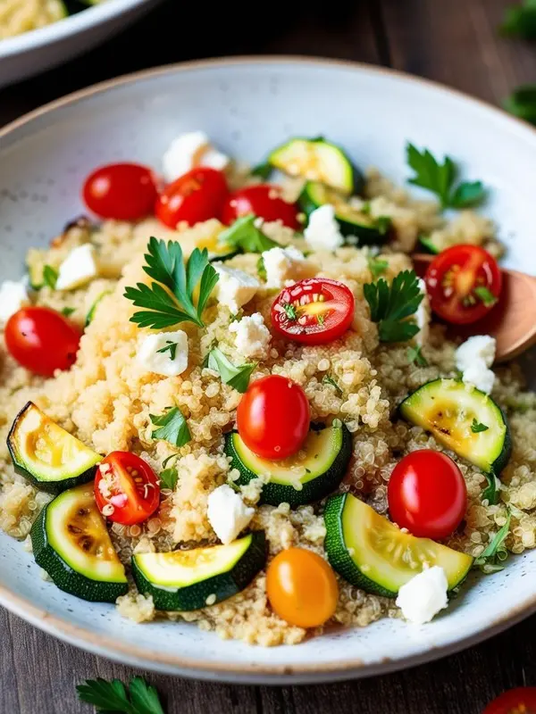 a close-up overhead shot of a vibrant quinoa salad in a light gray bowl. fluffy quinoa is mixed with halved red and yellow cherry tomatoes, sliced grilled zucchini, crumbled white feta cheese, and fresh parsley. a wooden spoon rests in the salad, which sits on a dark wooden surface
