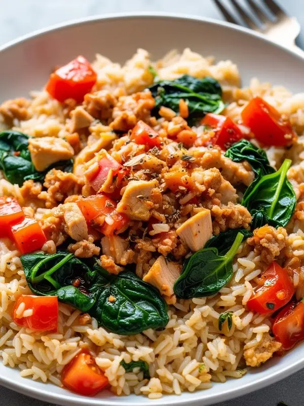 a close-up shot of a bowl filled with rice, ground turkey, chopped tomatoes, and spinach. the ingredients are mixed together, creating a colorful and hearty dish. a fork is partially visible in the upper right corner