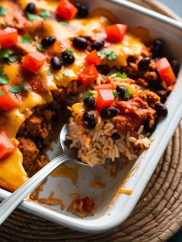 a close-up shot of a spoonful of taco casserole being lifted from a white baking dish. layers of rice, seasoned ground meat, black beans, and melted cheese are visible, topped with diced tomatoes and cilantro. the hearty and flavorful dish sits on a woven placemat