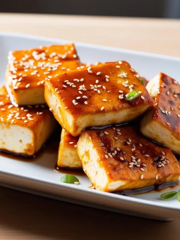 several golden-brown tofu cubes are arranged on a white plate, coated in a dark, glossy sauce and sprinkled with white sesame seeds. a few green scallion slices add a touch of color. the tofu appears tender and flavorful, ready to be enjoyed
