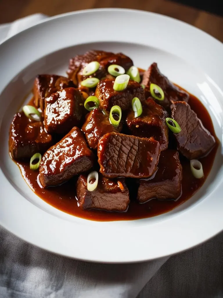 a close-up shot of mongolian beef on a white plate. the dark brown, glazed beef cubes are garnished with sliced green onions and sit in a pool of dark sauce. the plate rests on a gray cloth, suggesting a savory and flavorful asian-inspired dish