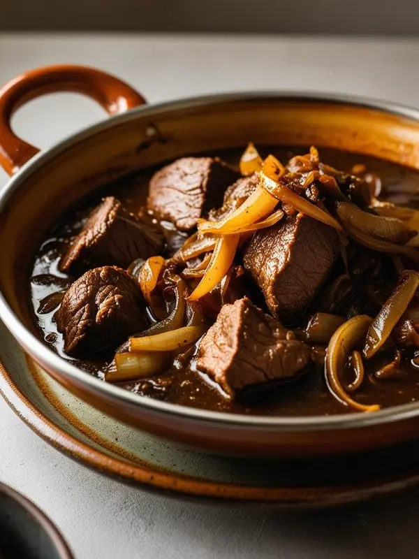 a close-up shot of beef stew with large chunks of meat and onions in a dark sauce, served in a brown pot. the hearty dish highlights the rich colors and textures of the ingredients