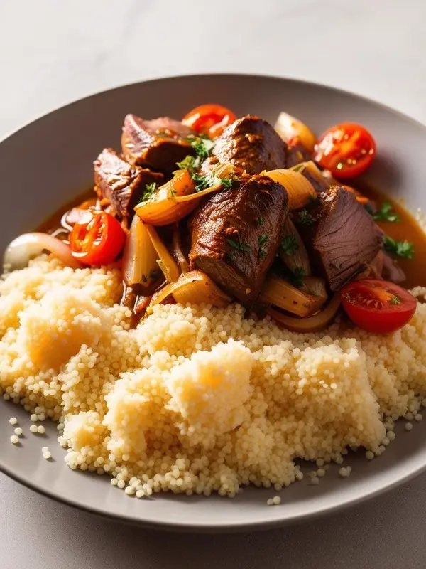 a close-up shot of a gray plate featuring fluffy couscous topped with tender pieces of braised beef, sautéed onions, and halved red cherry tomatoes. fresh green herbs are sprinkled over the dish, suggesting a flavorful and aromatic meal. the plate rests on a light gray surface