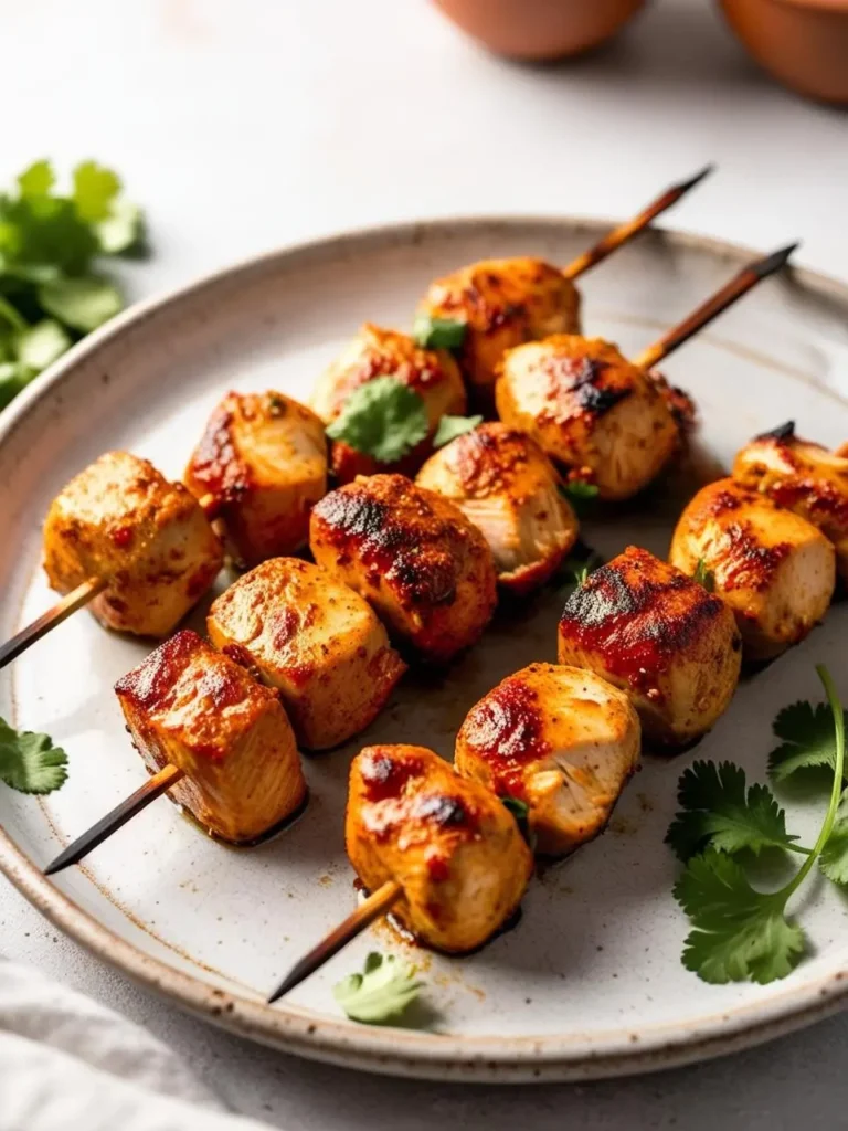grilled chicken skewers, seasoned and slightly charred, are presented on a speckled white plate. fresh cilantro sprigs garnish the dish, adding a touch of green. the focus is on the succulent texture and vibrant color of the chicken