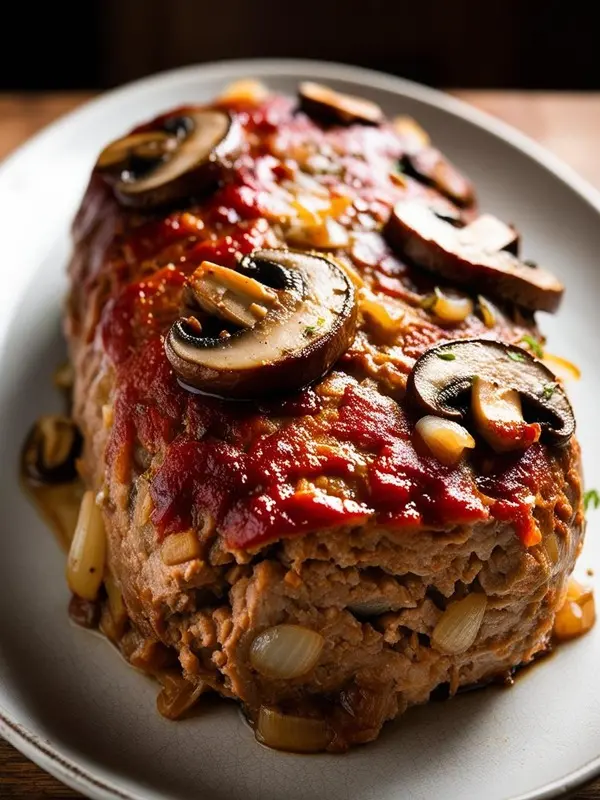 a savory meatloaf, topped with a vibrant red sauce, sautéed mushrooms, and caramelized onions, rests on a light-colored oval platter. the meatloaf appears moist and flavorful, with visible textures of the ingredients. the dish is presented on a dark wooden surface