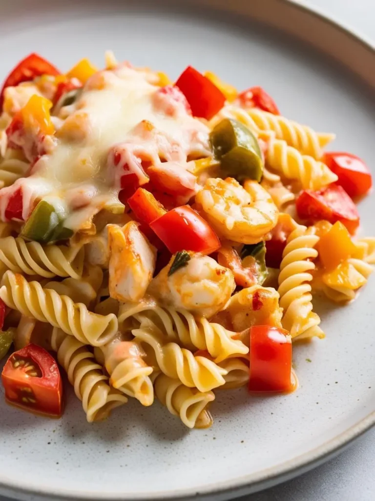 a close-up shot of baked pasta with shrimp and vegetables on a gray plate. spiral fusilli pasta is mixed with shrimp, red and yellow bell peppers, and halved cherry tomatoes in a creamy sauce, topped with melted cheese. the colorful and flavorful pasta bake sits on a light gray surface