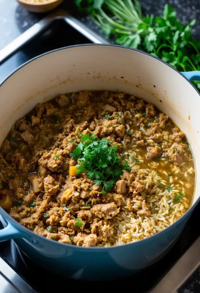 a close-up overhead shot of a blue pot filled with one-pot turkey and rice. the dish features ground turkey, rice, and vegetables, garnished with fresh parsley. the pot sits on a dark surface, highlighting the hearty and savory meal