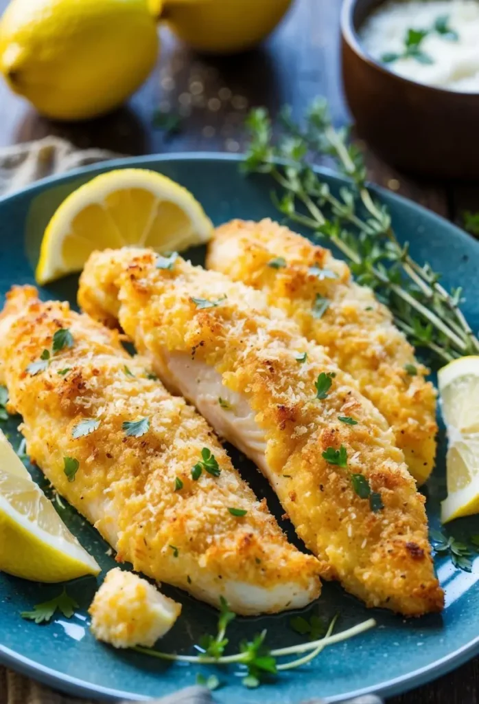 a close-up shot of crispy baked fish fillets on a blue plate. three golden-brown fish fillets are garnished with lemon wedges, fresh thyme sprigs, and chopped parsley. a small bowl of white sauce is visible in the background, suggesting a light and flavorful seafood dish