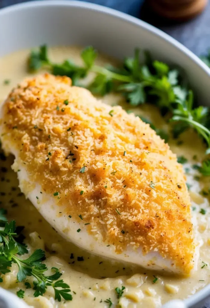 a close-up shot of a golden-brown parmesan-crusted chicken breast resting in a creamy sauce. the chicken is garnished with fresh parsley, highlighting the crispy texture and savory dish. the image focuses on the single chicken breast, set in a white bowl, suggesting a comforting and flavorful meal