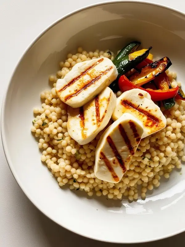 a close-up overhead shot shows pearl couscous topped with grilled halloumi cheese, sliced zucchini, and red peppers in a white bowl. the dish is well-lit, highlighting the textures and colors of the ingredients, suggesting a flavorful and healthy mediterranean-inspired meal