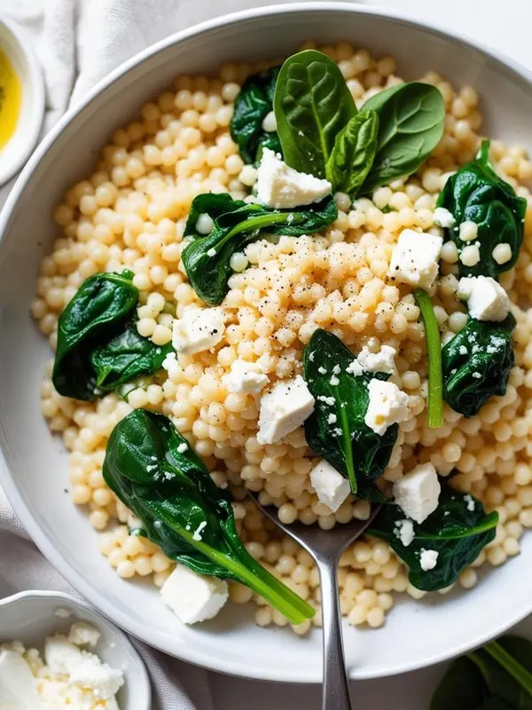 a white bowl holds a serving of fluffy israeli couscous, generously mixed with wilted spinach leaves and scattered with soft, white feta cheese cubes. a silver fork rests in the bowl, ready to scoop. a small dish of feta and a drizzle of oil are visible in the background