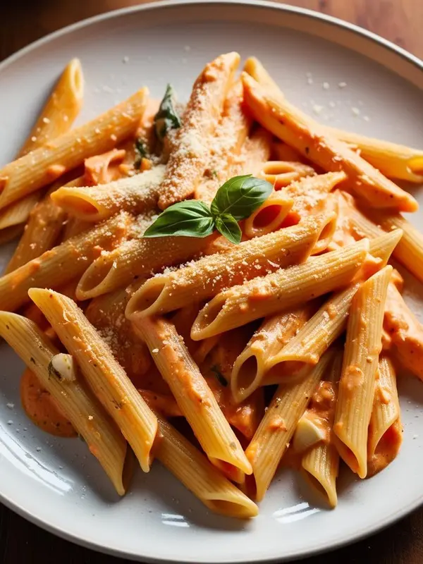 a white plate holds a serving of penne alla vodka. the pasta is coated in a creamy, light orange tomato sauce and sprinkled with grated cheese. a fresh basil leaf garnishes the dish. the penne pasta is arranged artfully on the plate, suggesting a delicious and classic italian meal