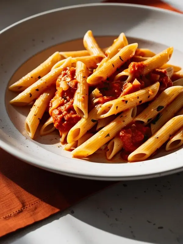 a white plate holds penne pasta tossed in a vibrant red arrabbiata sauce, with visible chunks of tomato and herbs. the pasta is arranged casually on the plate, with some sauce clinging to the noodles. the dish sits on a surface with an orange cloth napkin