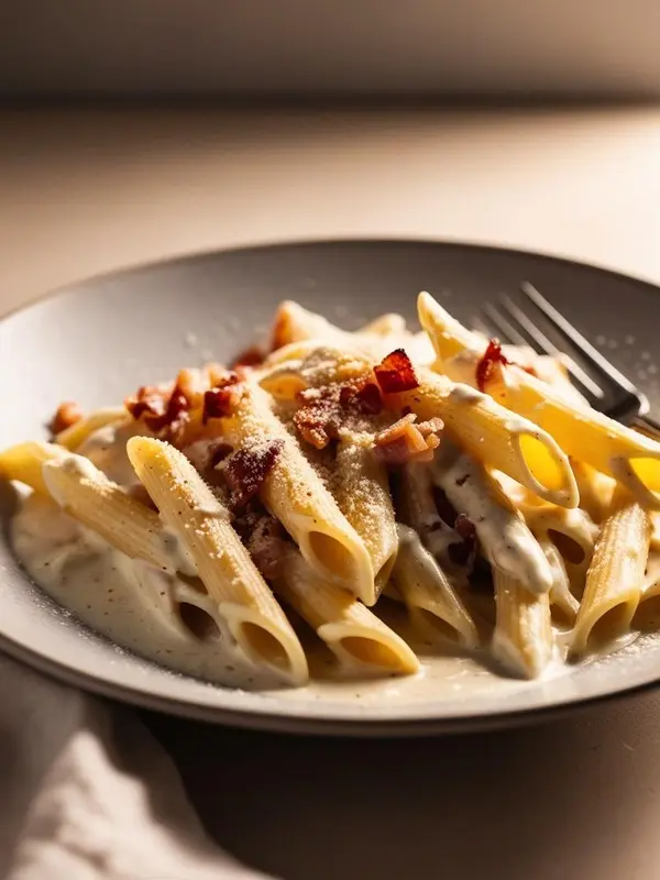a plate of creamy penne pasta carbonara is presented with crispy bacon bits and grated parmesan cheese. a fork rests on the edge of the plate. the dish has a rich, glossy sauce and is set against a softly lit background, suggesting a decadent and satisfying meal