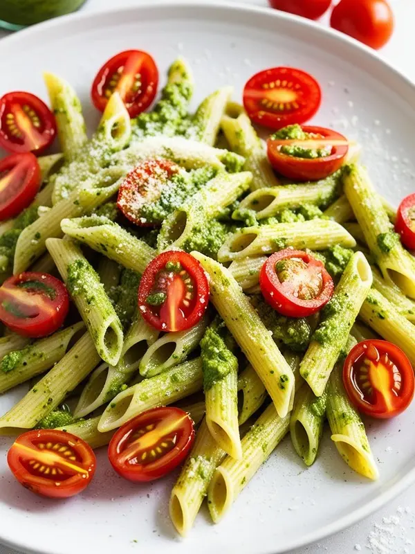penne pasta is tossed with vibrant green pesto and topped with halved red cherry tomatoes. a light dusting of parmesan cheese is sprinkled over the dish, which is presented on a white plate. the colors are bright and the dish looks fresh