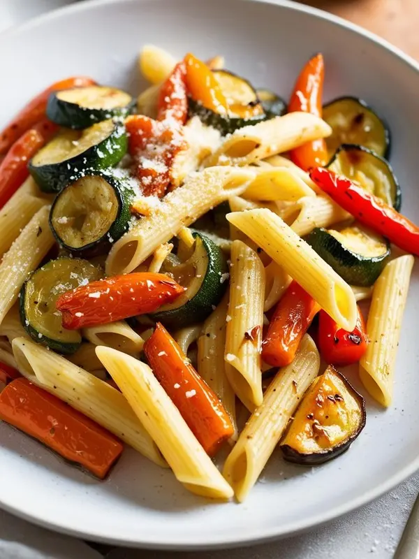 a white plate is filled with penne pasta tossed with vibrant roasted vegetables including zucchini rounds, sliced carrots, and red bell peppers. a light sprinkle of grated cheese and herbs enhances the dish. the vegetables are slightly caramelized, suggesting a sweet and savory flavor