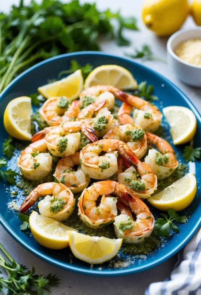 a vibrant blue plate holds succulent shrimp scampi, glistening with a light sauce and topped with bright green pesto. wedges of fresh yellow lemon and sprigs of parsley garnish the dish. a small bowl of breadcrumbs sits in the background, suggesting a flavorful and elegant seafood meal