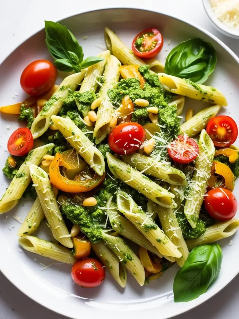 a close-up shot of pasta with bright green pesto, red cherry tomatoes, and yellow bell peppers on a white plate, sprinkled with pine nuts and parmesan
