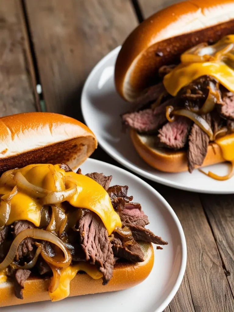 two philly cheesesteak sandwiches are presented on white plates on a rustic wooden surface. each sandwich features thinly sliced steak, sautéed onions, and melted yellow cheese in a long roll. the close-up shot highlights the juicy filling and warm, toasted bread, suggesting a hearty and flavorful meal