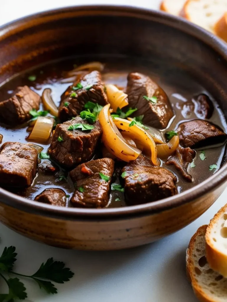 a close-up shot of hungarian pörkölt in a brown bowl. tender chunks of beef are simmered in a rich, reddish-brown broth with sautéed onions, garnished with fresh parsley. slices of white bread are nearby, suggesting a hearty and flavorful meal