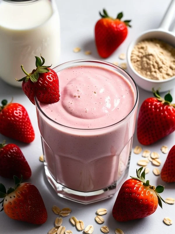 a glass of pale pink strawberry banana oat smoothie is surrounded by fresh strawberries, rolled oats, a scoop of protein powder, and a jar of milk. one strawberry perches on the rim of the glass, creating a visually appealing and healthy composition