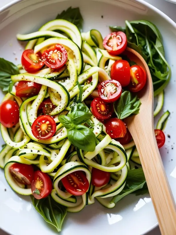 a close-up shot of zucchini noodles mixed with cherry tomatoes and basil, tossed with a light dressing. the vibrant green noodles and red tomatoes are arranged in a white bowl, highlighting the fresh and healthy ingredients. a wooden spoon rests in the bowl, suggesting a ready-to-eat salad