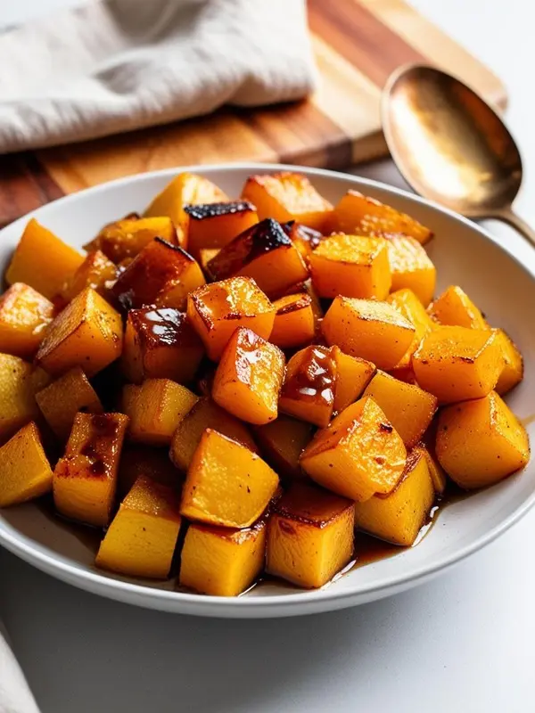 a close-up shot of maple roasted butternut squash in a white bowl. chunks of vibrant orange squash are coated in a glossy brown maple glaze, showing slight browning and caramelization. the simple and sweet side dish is presented on a white surface with a wooden board and spoon in the background